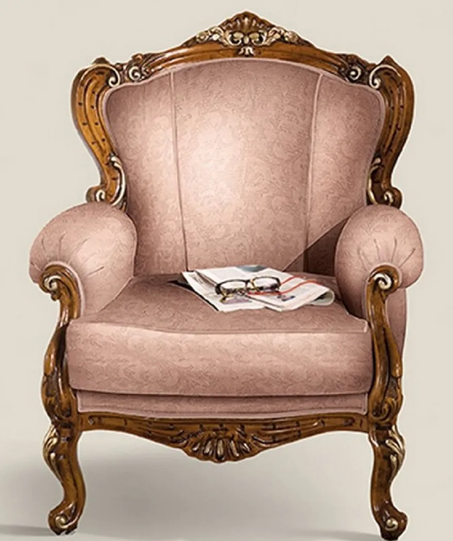 Casa Padrino Luxus Barock Sessel Rosa / Braun / Gold - Handgefertigter Mahagoni Wohnzimmer Sessel - Barock Wohnzimmer Möbel - Luxus Qualität - Made in Italy