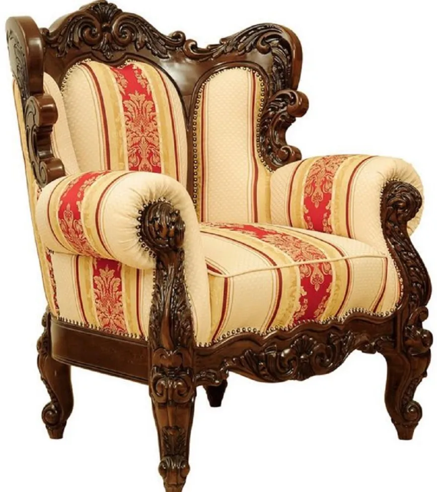 Casa Padrino Luxus Barock Sessel mit Streifen Creme / Gelb / Rot / Dunkelbraun - Gestreifter Wohnzimmer Sessel im Barockstil - Barock Wohnzimmer Möbel - Edel & Prunkvoll