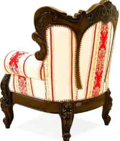 Casa Padrino Luxus Barock Sessel mit Streifen Creme / Gelb / Rot / Dunkelbraun - Gestreifter Wohnzimmer Sessel im Barockstil - Barock Wohnzimmer Möbel - Edel & Prunkvoll