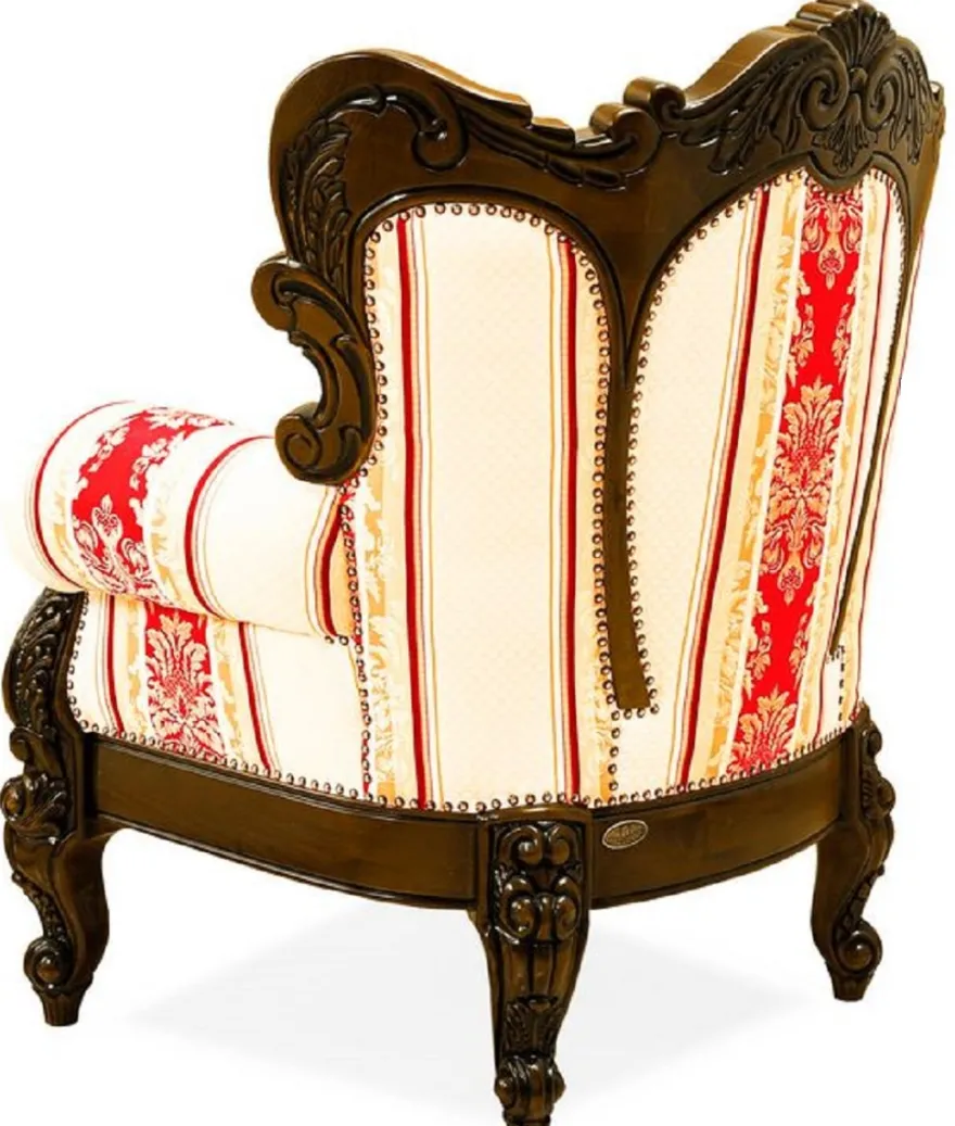 Casa Padrino Luxus Barock Sessel mit Streifen Creme / Gelb / Rot / Dunkelbraun - Gestreifter Wohnzimmer Sessel im Barockstil - Barock Wohnzimmer Möbel - Edel & Prunkvoll