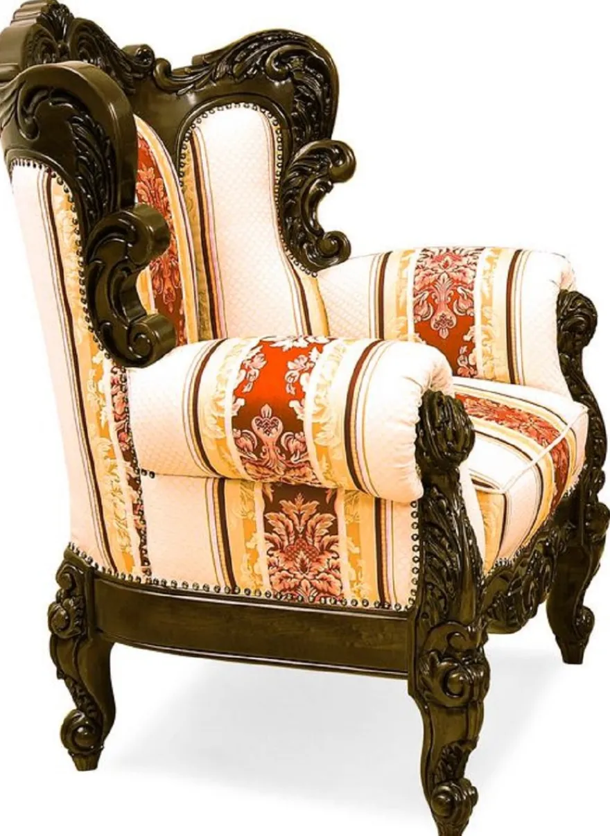 Casa Padrino Luxus Barock Sessel mit Streifen Creme / Gelb / Rot / Dunkelbraun - Gestreifter Wohnzimmer Sessel im Barockstil - Barock Wohnzimmer Möbel - Edel & Prunkvoll