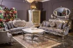 Casa Padrino Luxus Barock Sessel Grau / Blau / Silber 94 x 85 x H. 116 cm - Prunkvoller Wohnzimmer Sessel mit Blumenmuster - Barock Wohnzimmer Möbel