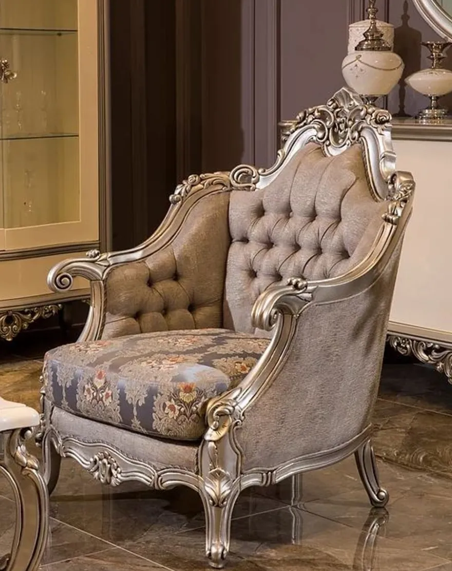 Casa Padrino Luxus Barock Sessel Grau / Blau / Silber 94 x 85 x H. 116 cm - Prunkvoller Wohnzimmer Sessel mit Blumenmuster - Barock Wohnzimmer Möbel