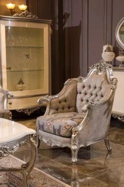 Casa Padrino Luxus Barock Sessel Grau / Blau / Silber 94 x 85 x H. 116 cm - Prunkvoller Wohnzimmer Sessel mit Blumenmuster - Barock Wohnzimmer Möbel