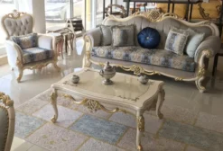 Casa Padrino Luxus Barock Sessel Grau / Blau / Weiß / Gold 93 x 73 x H. 120 cm - Prunkvoller Massivholz Wohnzimmer Sessel mit elegantem Muster und dekorativem Kissen - Barock Wohnzimmer Möbel