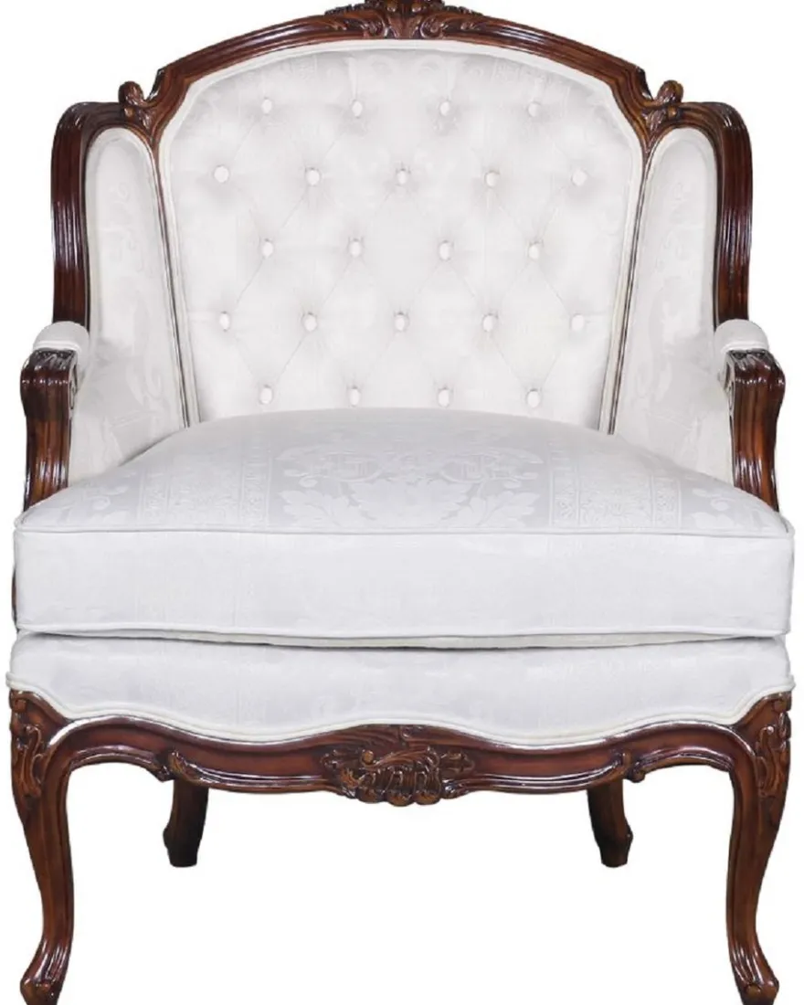 Casa Padrino Luxus Barock Sessel mit elegantem Muster Weiß / Dunkelbraun - Wohnzimmer Sessel im Barockstil - Barock Wohnzimmer Möbel - Edel & Prunkvoll