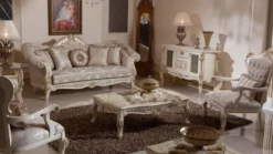 Casa Padrino Luxus Barock Sessel Grau / Silber / Weiß / Gold - Prunkvoller Wohnzimmer Sessel mit elegantem Muster - Barock Wohnzimmer Möbel