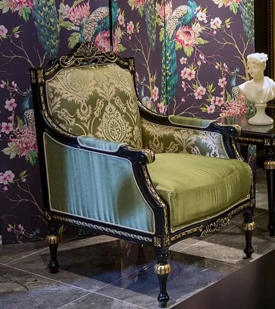Casa Padrino Luxus Barock Sessel Grün / Schwarz / Gold 75 x 74 x H. 106 cm - Edler Massivholz Sessel mit elegantem Muster - Wohnzimmer Möbel im Barockstil
