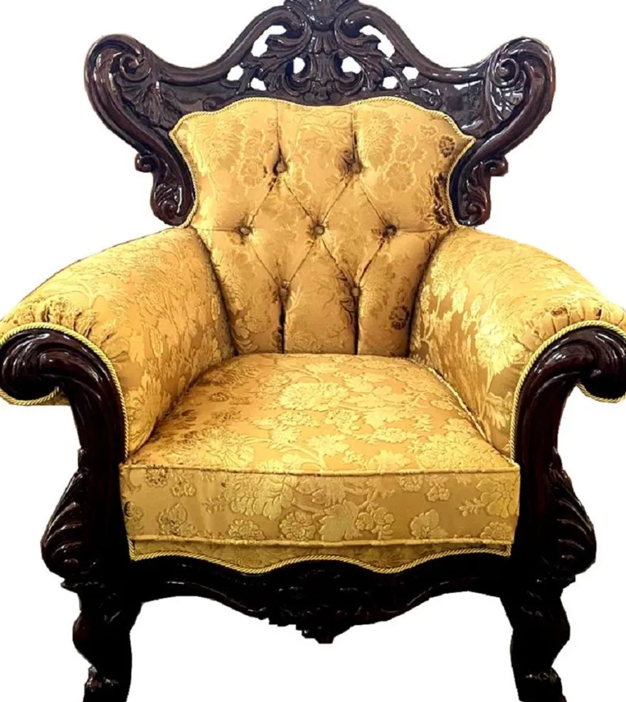 Casa Padrino Luxus Barock Sessel Gold / Dunkelbraun - Prunkvoller Wohnzimmer Sessel mit elegantem Muster - Barock Möbel