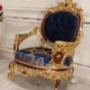 Casa Padrino Luxus Barock Sessel Blau / Gold / Braun - Prunkvoller Wohnzimmer Sessel mit elegantem Muster - Barock Wohnzimmer Möbel