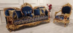 Casa Padrino Luxus Barock Sessel Blau / Gold / Braun - Prunkvoller Wohnzimmer Sessel mit elegantem Muster - Barock Wohnzimmer Möbel