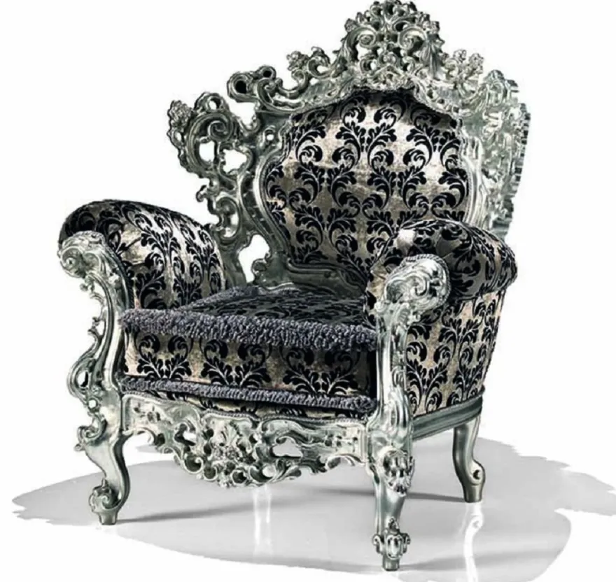 Casa Padrino Luxus Barock Sessel Silber / Schwarz / Silber - Barockstil Wohnzimmer Sessel mit elegantem Muster - Barock Möbel - Barock Wohnzimmer & Hotel Möbel - Luxus Qualität - Made in Italy