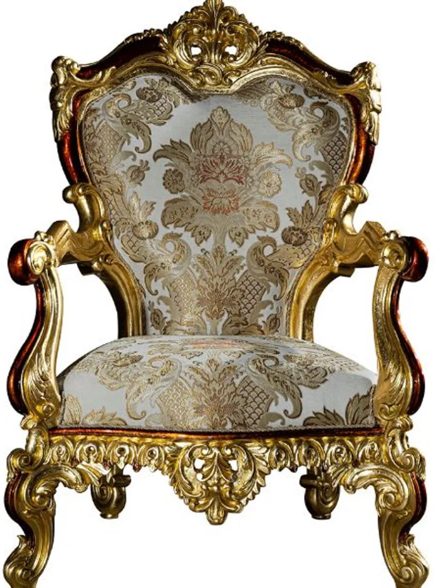 Casa Padrino Luxus Barock Sessel Grau / Rot / Gold 82 x 78 x H. 123 cm - Prunkvoller Massivholz Wohnzimmer Sessel mit elegantem Muster - Barock Möbel