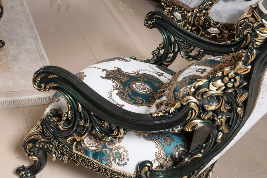 Casa Padrino Luxus Barock Sessel Weiß / Mehrfarbig / Grün / Gold - Prunkvoller Wohnzimmer Sessel mit elegantem Muster - Barock Wohnzimmer & Hotel Möbel - Edel & Prunkvoll