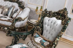 Casa Padrino Luxus Barock Sessel Weiß / Mehrfarbig / Grün / Gold - Prunkvoller Wohnzimmer Sessel mit elegantem Muster - Barock Wohnzimmer & Hotel Möbel - Edel & Prunkvoll