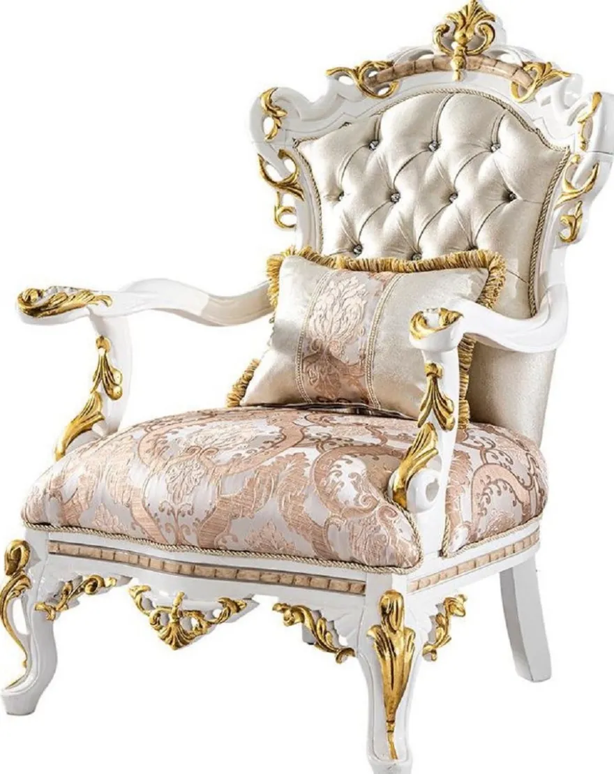 Casa Padrino Luxus Barock Sessel Gold / Silber / Braun / Weiß / Gold - Prunkvoller Wohnzimmer Sessel mit Glitzersteinen - Barockstil Wohnzimmer Möbel - Luxus Möbel im Barockstil - Edel & Prunkvoll