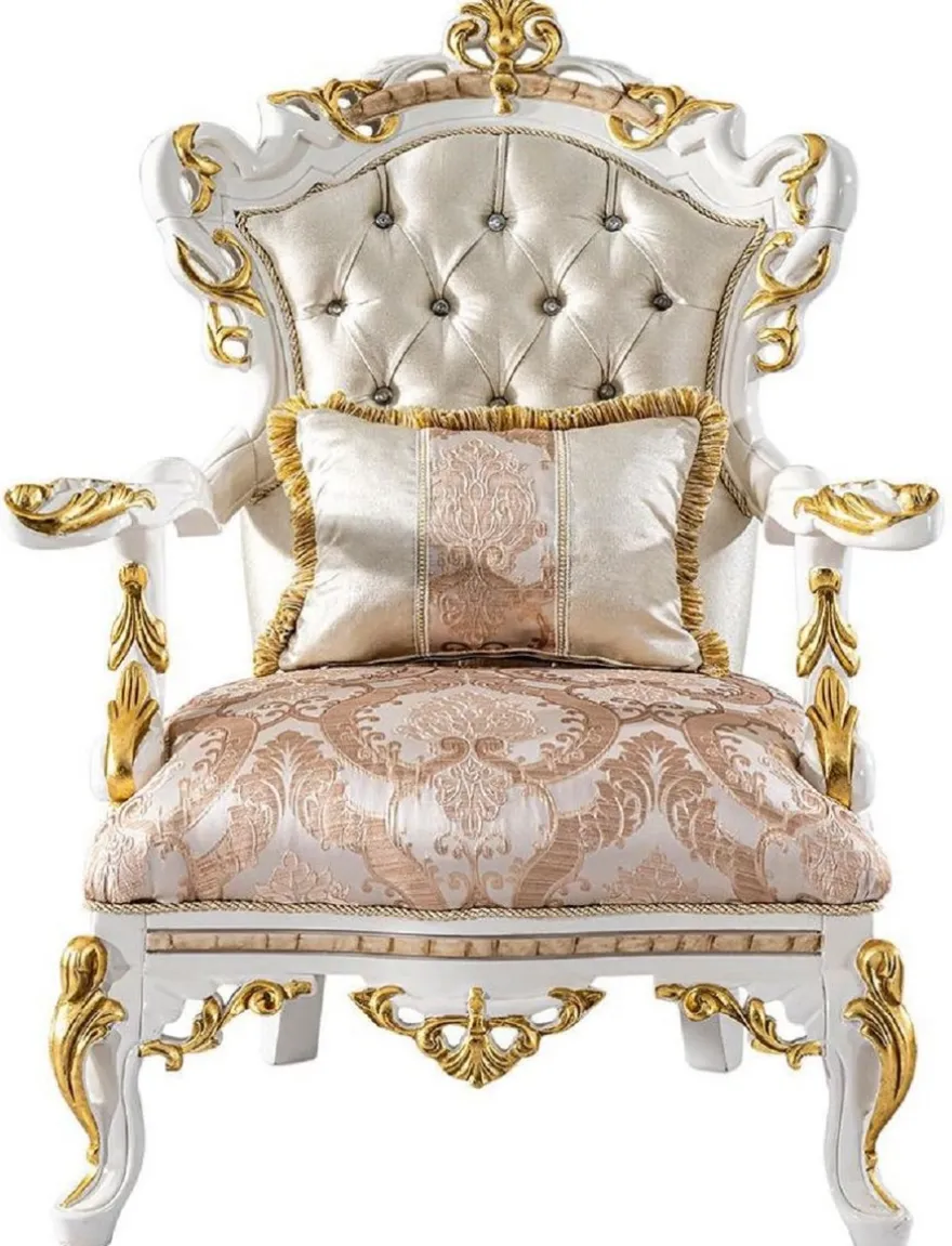 Casa Padrino Luxus Barock Sessel Gold / Silber / Braun / Weiß / Gold - Prunkvoller Wohnzimmer Sessel mit Glitzersteinen - Barockstil Wohnzimmer Möbel - Luxus Möbel im Barockstil - Edel & Prunkvoll