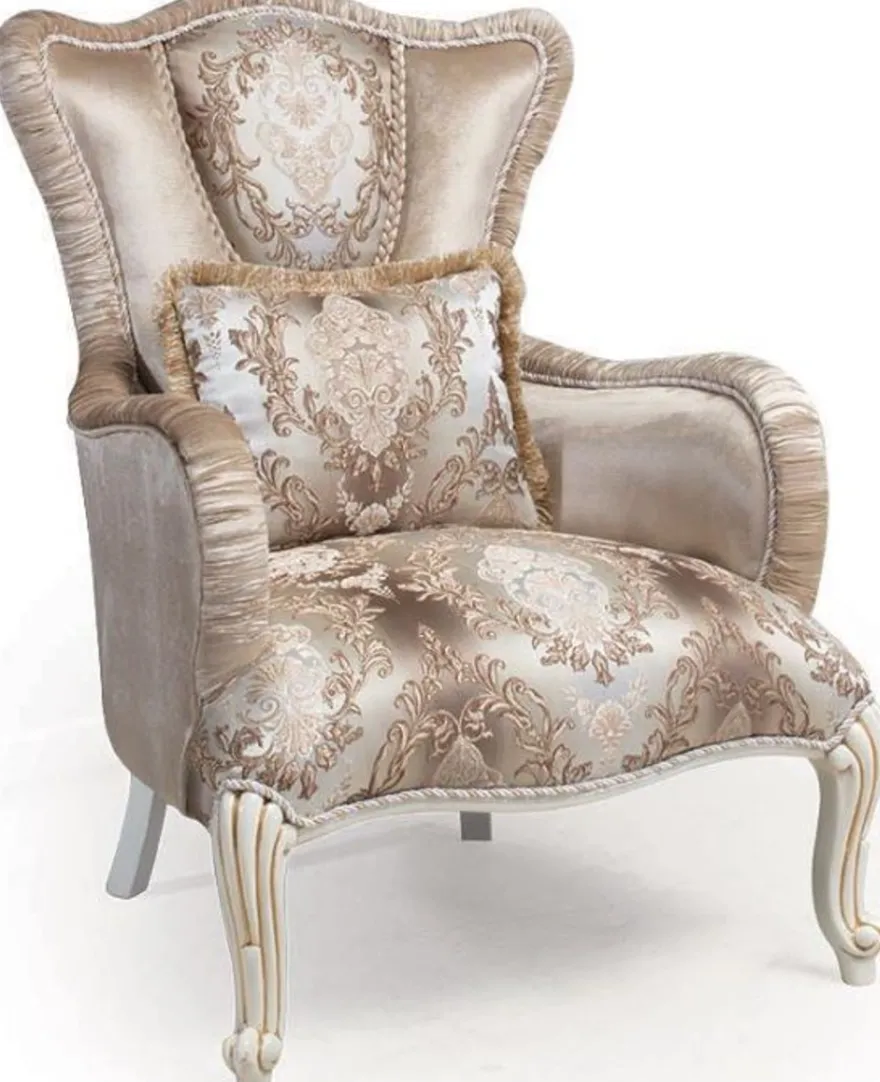 Casa Padrino Luxus Barock Sessel mit Kissen Beige / Weiß / Gold 83 x 96 x H. 102 cm - Barock Wohnzimmer Möbel