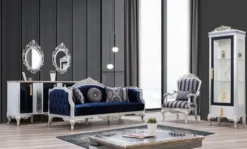 Casa Padrino Luxus Barock Sessel Blau / Silber / Gold 75 x 80 x H. 120 cm - Prunkvoller Wohnzimmer Sessel mit Streifen - Barock Wohnzimmer Möbel