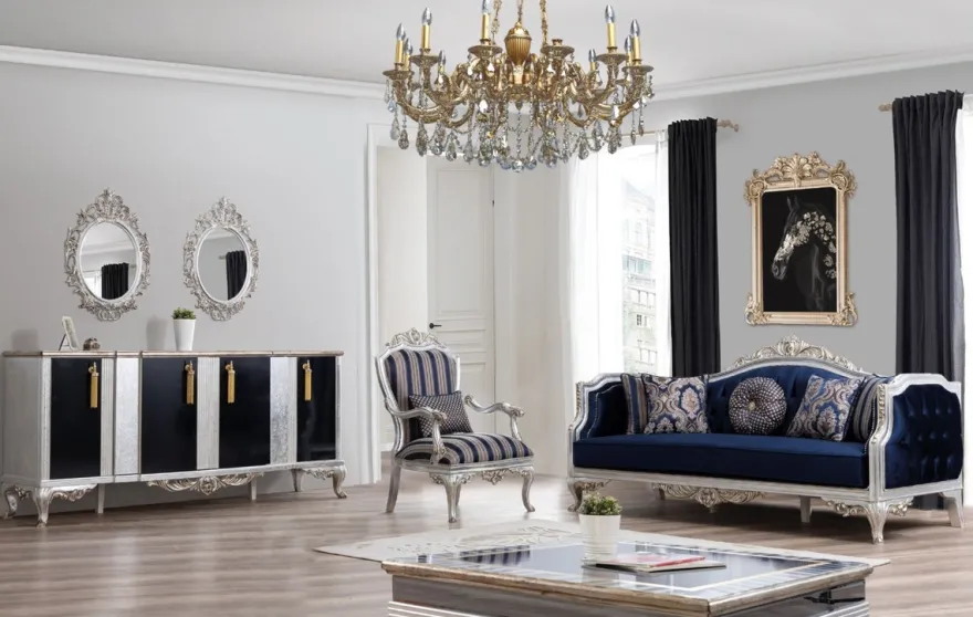 Casa Padrino Luxus Barock Sessel Blau / Silber / Gold 75 x 80 x H. 120 cm - Prunkvoller Wohnzimmer Sessel mit Streifen - Barock Wohnzimmer Möbel