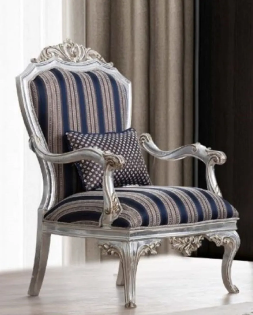 Casa Padrino Luxus Barock Sessel Blau / Silber / Gold 75 x 80 x H. 120 cm - Prunkvoller Wohnzimmer Sessel mit Streifen - Barock Wohnzimmer Möbel