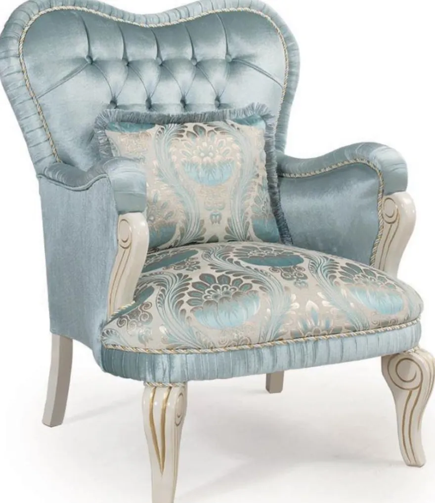 Casa Padrino Luxus Barock Sessel Türkis / Creme / Gold 76 x 82 x H. 104 cm - Wohnzimmer Sessel mit dekorativem Kissen