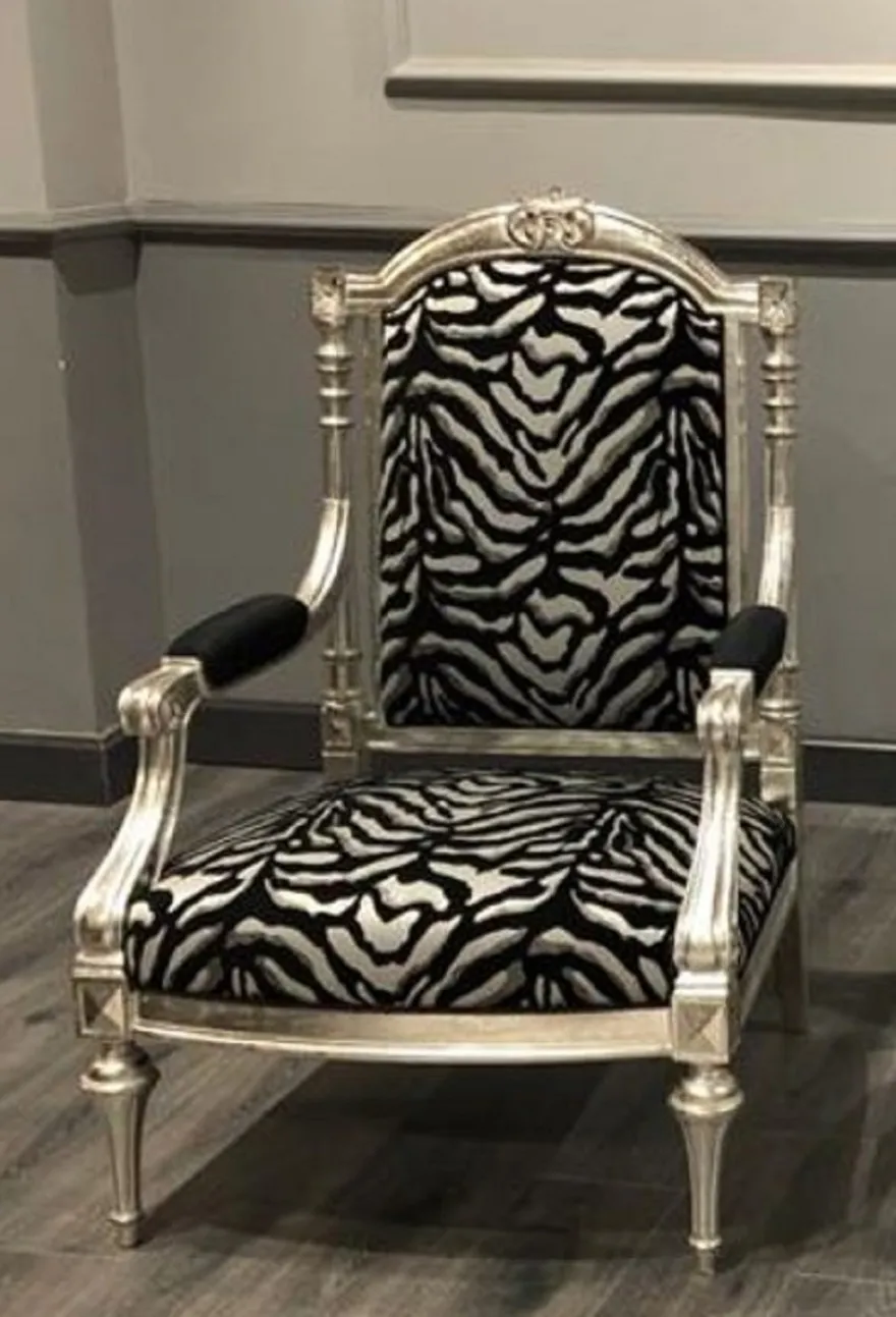 Casa Padrino Luxus Barock Sessel Schwarz / Silber / Antik Silber - Wohnzimmer Sessel im Barockstil - Barock Wohnzimmer Möbel