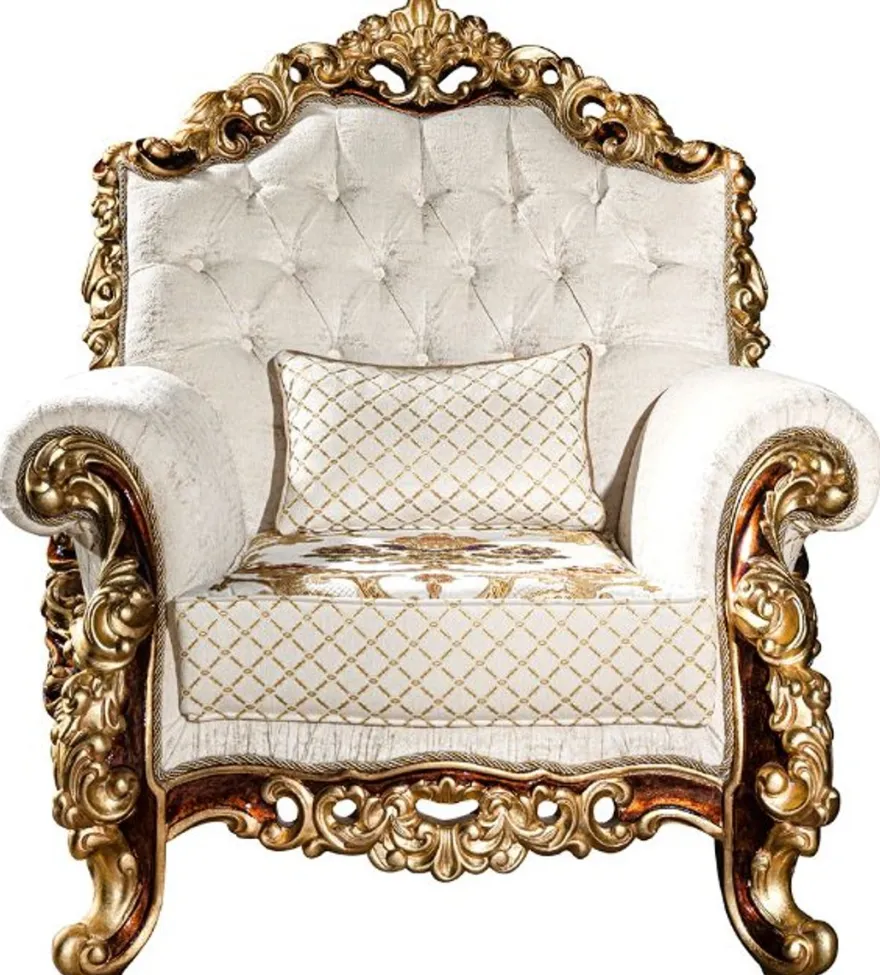 Casa Padrino Luxus Barock Sessel Weiß / Gold / Braun / Gold 78 x 75 x H. 120 cm - Prunkvoller Wohnzimmer Sessel mit dekorativem Kissen - Barock Möbel