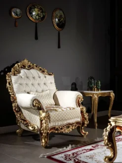 Casa Padrino Luxus Barock Sessel Weiß / Gold / Braun / Gold 78 x 75 x H. 120 cm - Prunkvoller Wohnzimmer Sessel mit dekorativem Kissen - Barock Möbel