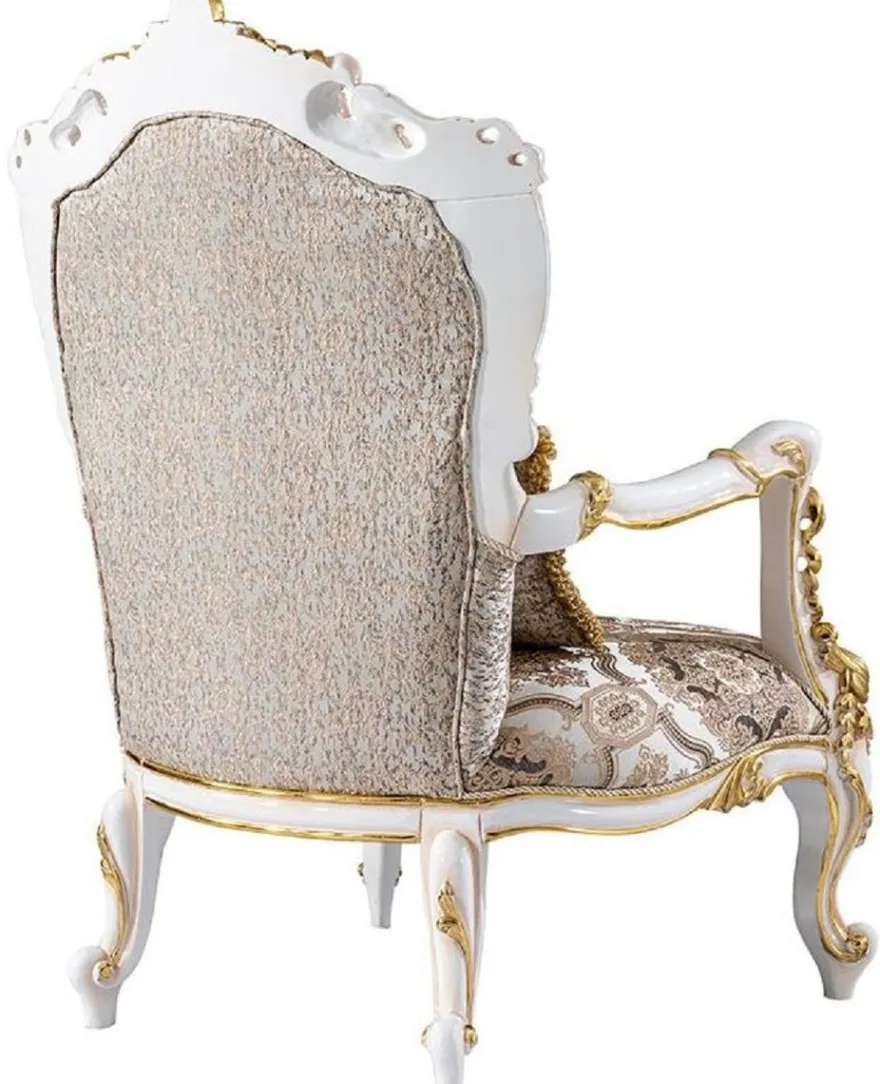 Casa Padrino Luxus Barock Sessel Silber / Beige / Schwarz / Weiß / Gold - Prunkvoller Wohnzimmer Sessel mit Glitzersteinen - Barockstil Wohnzimmer Möbel - Luxus Möbel im Barockstil