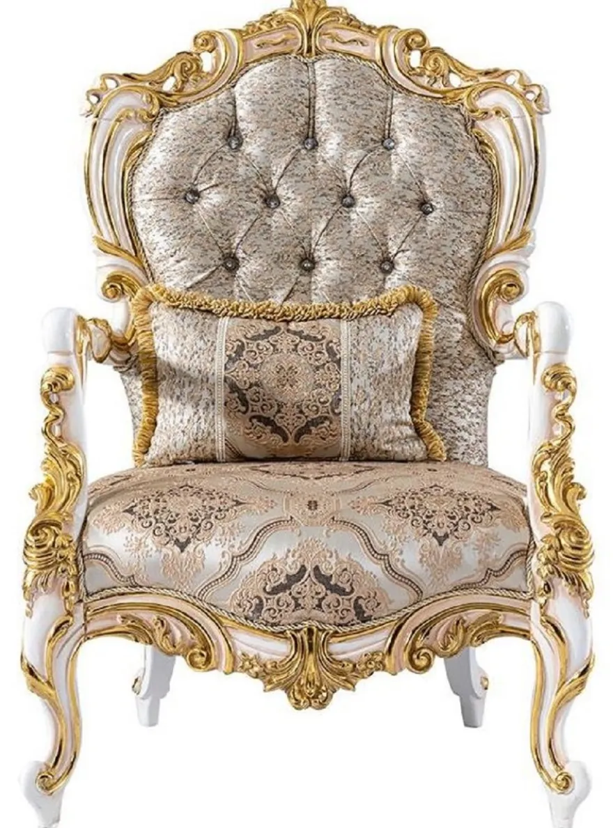 Casa Padrino Luxus Barock Sessel Silber / Beige / Schwarz / Weiß / Gold - Prunkvoller Wohnzimmer Sessel mit Glitzersteinen - Barockstil Wohnzimmer Möbel - Luxus Möbel im Barockstil