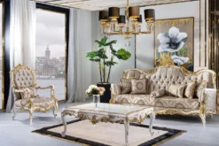 Casa Padrino Luxus Barock Sessel Silber / Beige / Schwarz / Weiß / Gold - Prunkvoller Wohnzimmer Sessel mit Glitzersteinen - Barockstil Wohnzimmer Möbel - Luxus Möbel im Barockstil