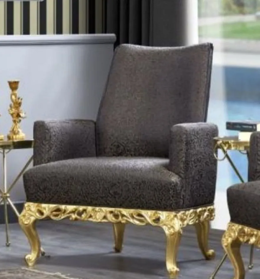 Casa Padrino Luxus Barock Sessel Grau / Dunkelbraun / Gold - Prunkvoller Wohnzimmer Sessel - Barockstil Wohnzimmer Möbel - Luxus Möbel im Barockstil - Barock Einrichtung - Edel & Prunkvoll