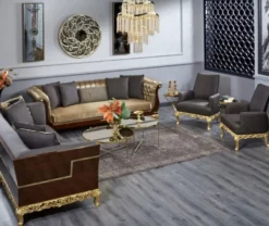 Casa Padrino Luxus Barock Sessel Grau / Dunkelbraun / Gold - Prunkvoller Wohnzimmer Sessel - Barockstil Wohnzimmer Möbel - Luxus Möbel im Barockstil - Barock Einrichtung - Edel & Prunkvoll
