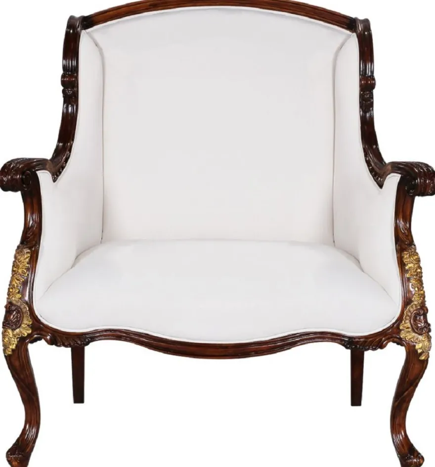Casa Padrino Luxus Barock Sessel Weiß / Dunkelbraun / Gold - Prunkvoller Wohnzimmer Sessel im Barockstil - Barock Wohnzimmer Möbel - Edel & Prunkvoll