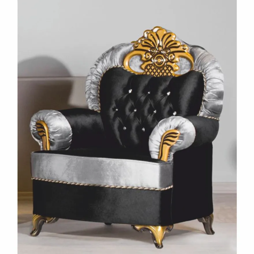 Casa Padrino Luxus Barock Sessel mit Glitzersteinen Schwarz / Silber / Gold - Barockstil Möbel