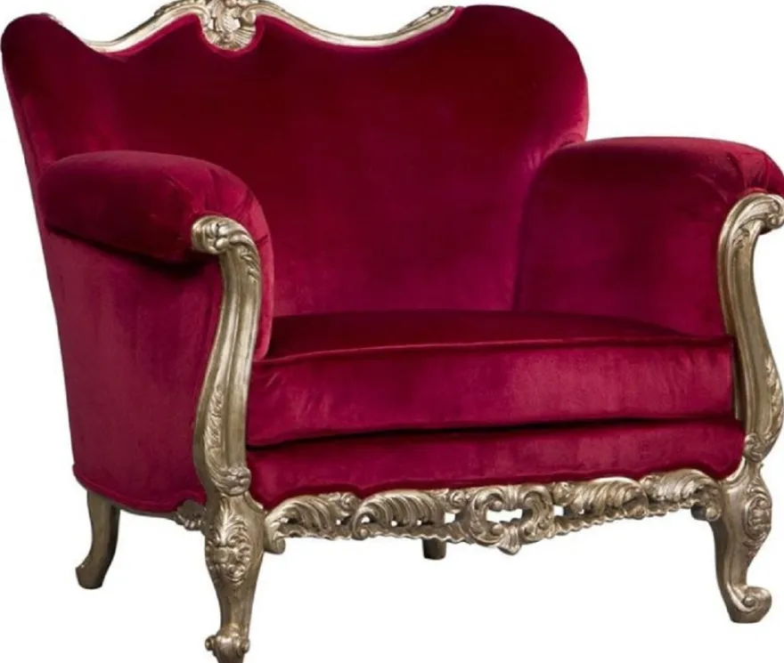 Casa Padrino Luxus Barock Sessel Rot / Antik Gold - Prunkvoller Antik Stil Wohnzimmer Sessel - Barock Wohnzimmer Möbel - Edel & Prunkvoll