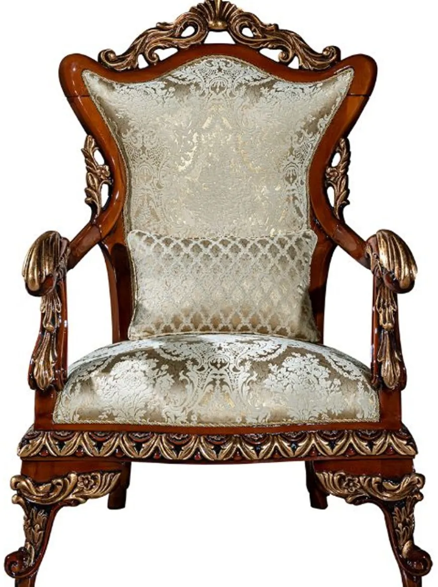 Casa Padrino Luxus Barock Sessel Gold / Braun / Bronze 82 x 72 x H. 123 cm - Wohnzimmer Sessel mit elegantem Muster und dekorativem Kissen - Edle Barock Möbel