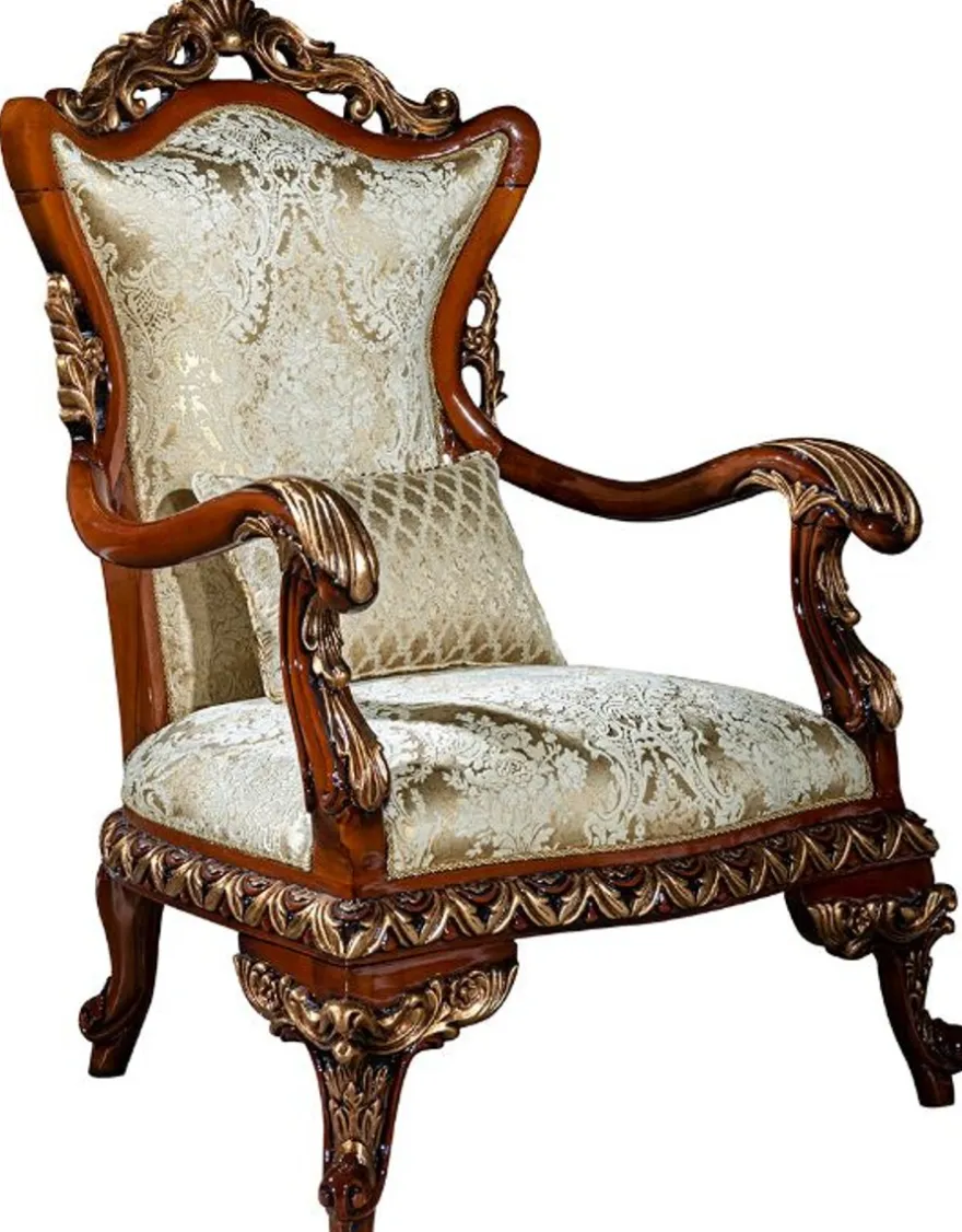 Casa Padrino Luxus Barock Sessel Gold / Braun / Bronze 82 x 72 x H. 123 cm - Wohnzimmer Sessel mit elegantem Muster und dekorativem Kissen - Edle Barock Möbel
