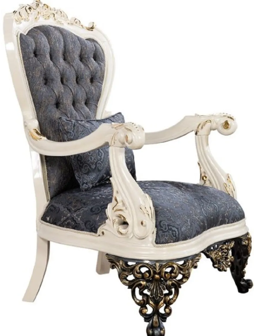 Casa Padrino Luxus Barock Sessel Blau / Weiß / Gold - Prunkvoller Wohnzimmer Sessel mit elegantem Muster - Luxus Wohnzimmer Möbel im Barockstil - Barock Möbel - Barock Einrichtung