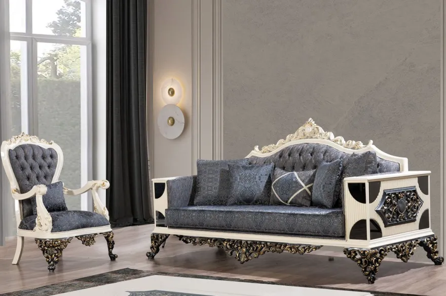 Casa Padrino Luxus Barock Sessel Blau / Weiß / Gold - Prunkvoller Wohnzimmer Sessel mit elegantem Muster - Luxus Wohnzimmer Möbel im Barockstil - Barock Möbel - Barock Einrichtung