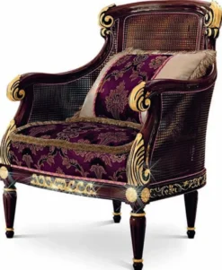 Casa Padrino Luxus Barock Sessel Lila / Braun / Gold - Barockstil Wohnzimmer Sessel mit elegantem Muster - Barock Möbel - Barock Wohnzimmer & Hotel Möbel - Luxus Qualität - Made in Italy