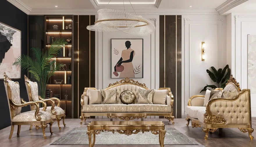 Casa Padrino Luxus Barock Sessel Gold Muster / Antik Gold - Prunkvoller Wohnzimmer Sessel mit elegantem Muster - Luxus Wohnzimmer Möbel im Barockstil - Barock Möbel - Barock Einrichtung