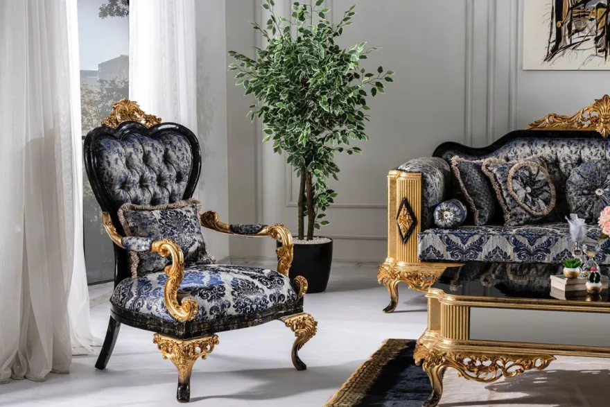 Casa Padrino Luxus Barock Sessel Blau / Schwarz / Gold - Prunkvoller Wohnzimmer Sessel - Barockstil Wohnzimmer Möbel - Luxus Möbel im Barockstil - Barock Einrichtung - Wohnzimmer Einrichtung