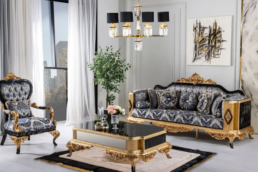 Casa Padrino Luxus Barock Sessel Blau / Schwarz / Gold - Prunkvoller Wohnzimmer Sessel - Barockstil Wohnzimmer Möbel - Luxus Möbel im Barockstil - Barock Einrichtung - Wohnzimmer Einrichtung