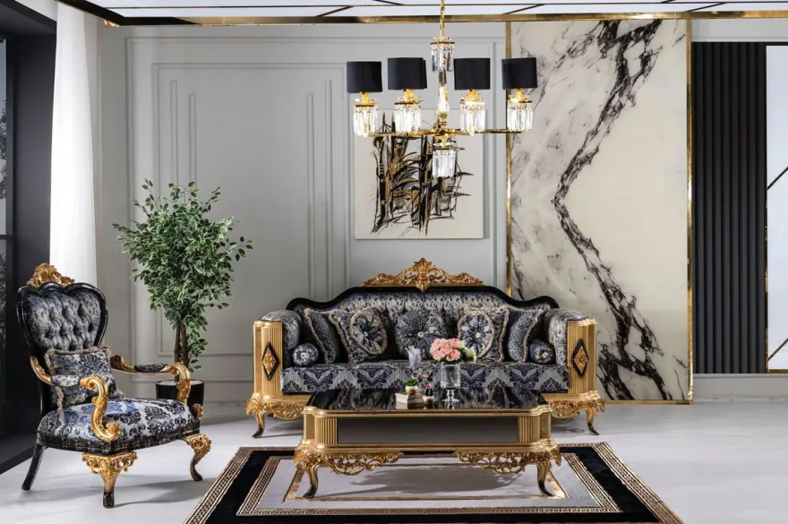 Casa Padrino Luxus Barock Sessel Blau / Schwarz / Gold - Prunkvoller Wohnzimmer Sessel - Barockstil Wohnzimmer Möbel - Luxus Möbel im Barockstil - Barock Einrichtung - Wohnzimmer Einrichtung