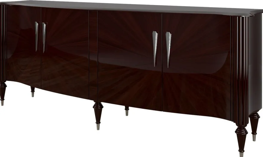 Casa Padrino Luxus Barock Sideboard Dunkelbraun Hochglanz / Silber 225 x 55 x H. 97 cm - Edler Wohnzimmer Schrank mit 4 Türen - Barock Möbel