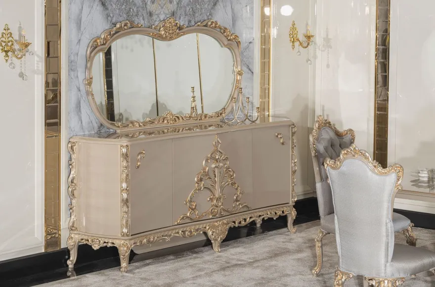Casa Padrino Luxus Barock Sideboard mit Spiegel Grau / Gold - Luxus Möbel Möbel im Barockstil - Barock Möbel - Barock Einrichtung - Edel & Prunkvoll