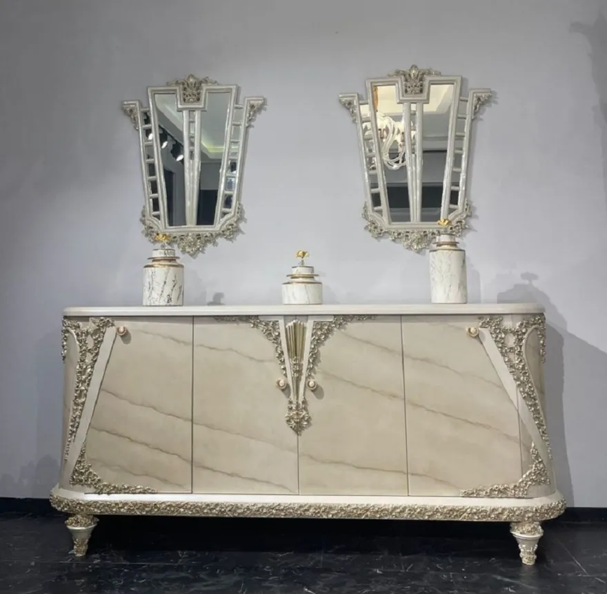 Casa Padrino Luxus Barock Sideboard Beige / Grau / Gold - Barockstil Massivholz Schrank mit 4 Türen - Luxus Möbel im Barockstil - Barock Möbel - Edel & Prunkvoll