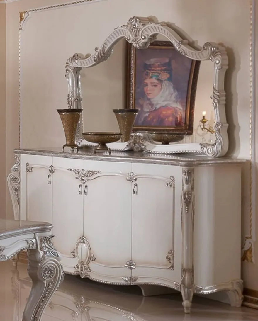Casa Padrino Luxus Barock Sideboard mit Wandspiegel Weiß / Creme / Silber
